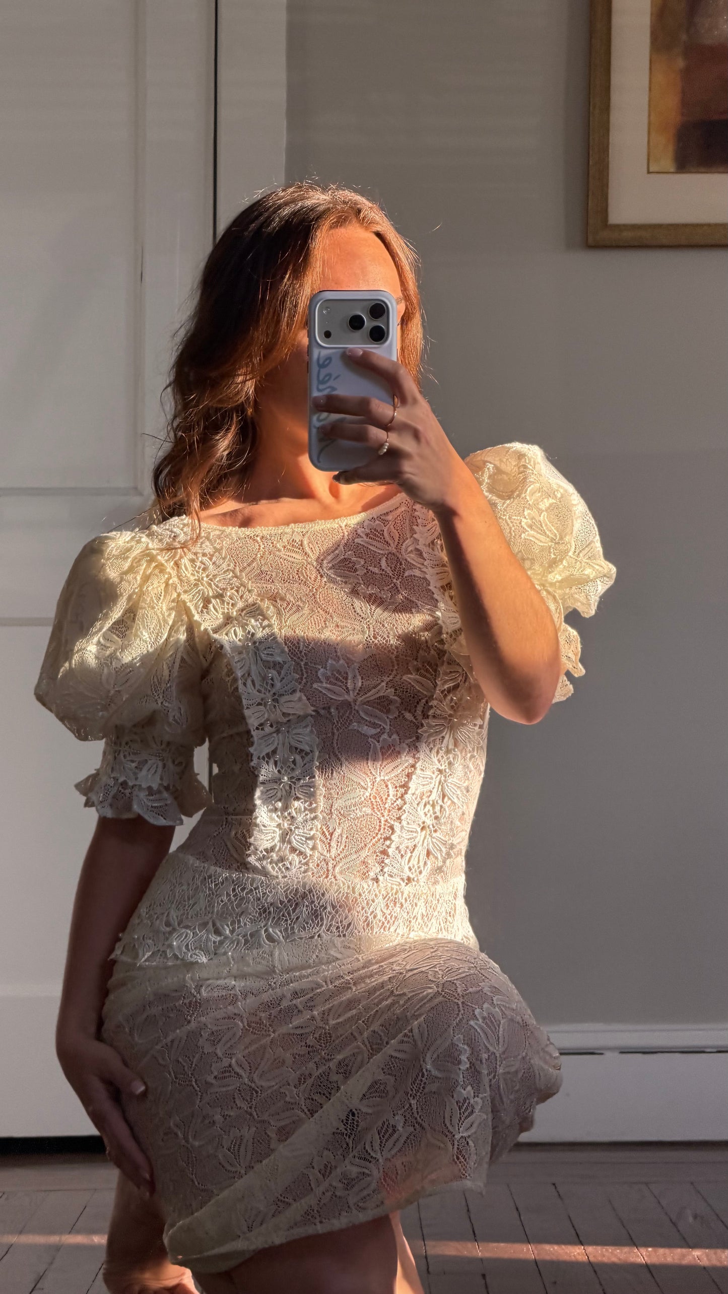 Sheer Lace Puff Sleeve Midi