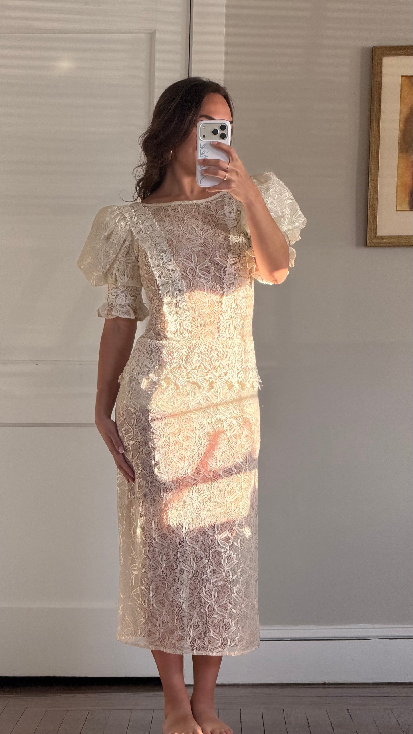 Sheer Lace Puff Sleeve Midi