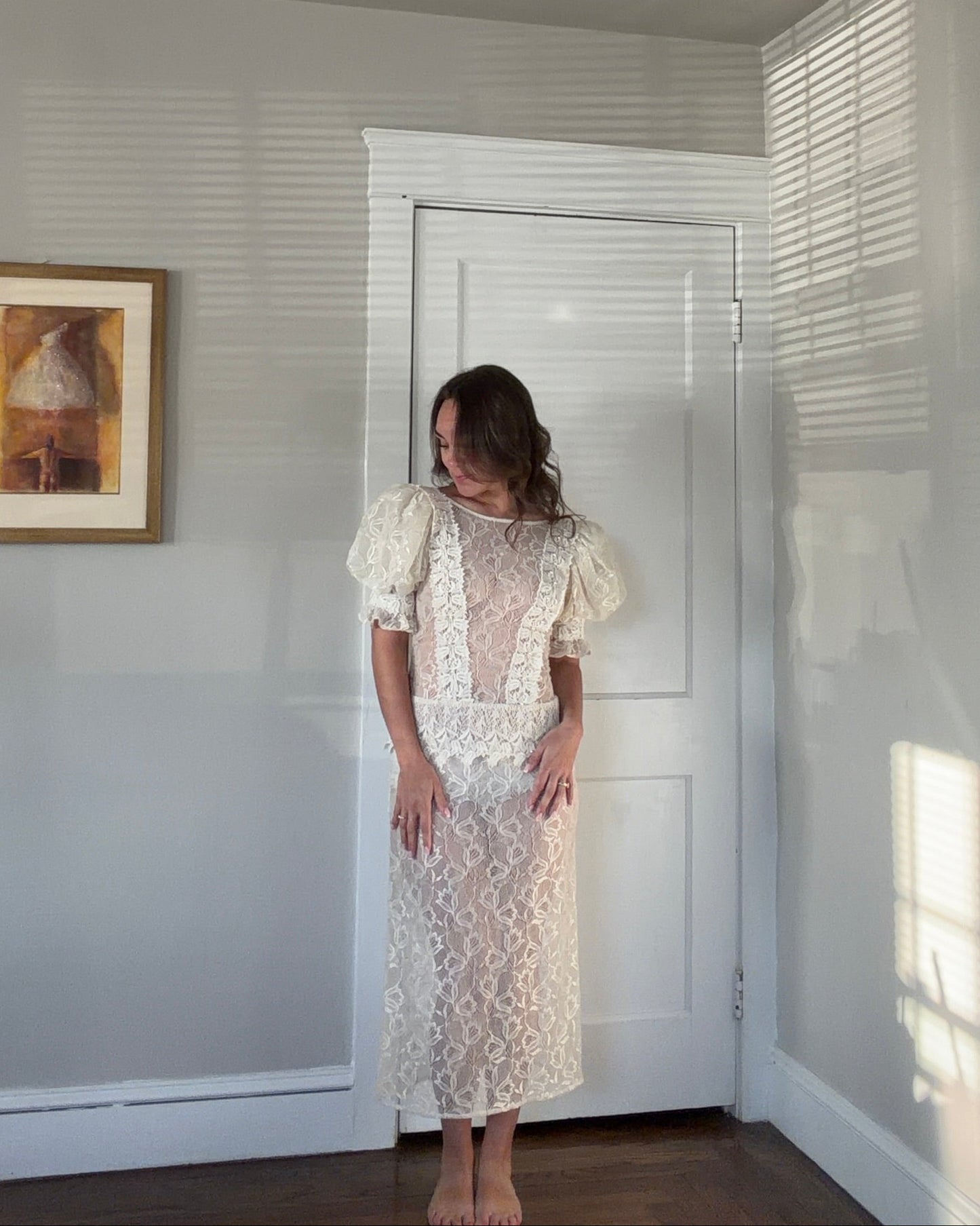 Sheer Lace Puff Sleeve Midi
