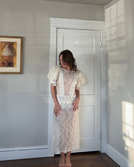 Sheer Lace Puff Sleeve Midi