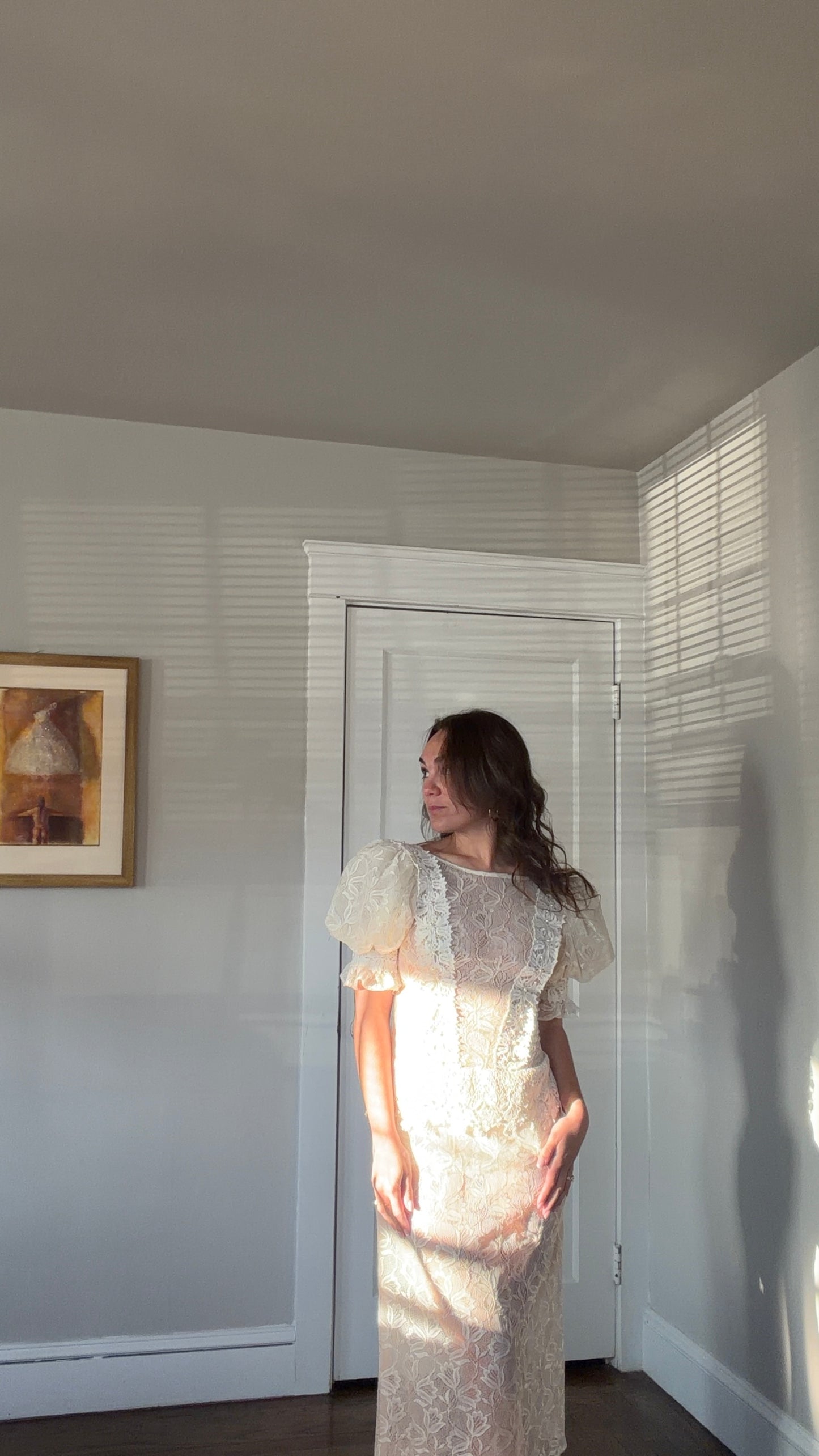 Sheer Lace Puff Sleeve Midi