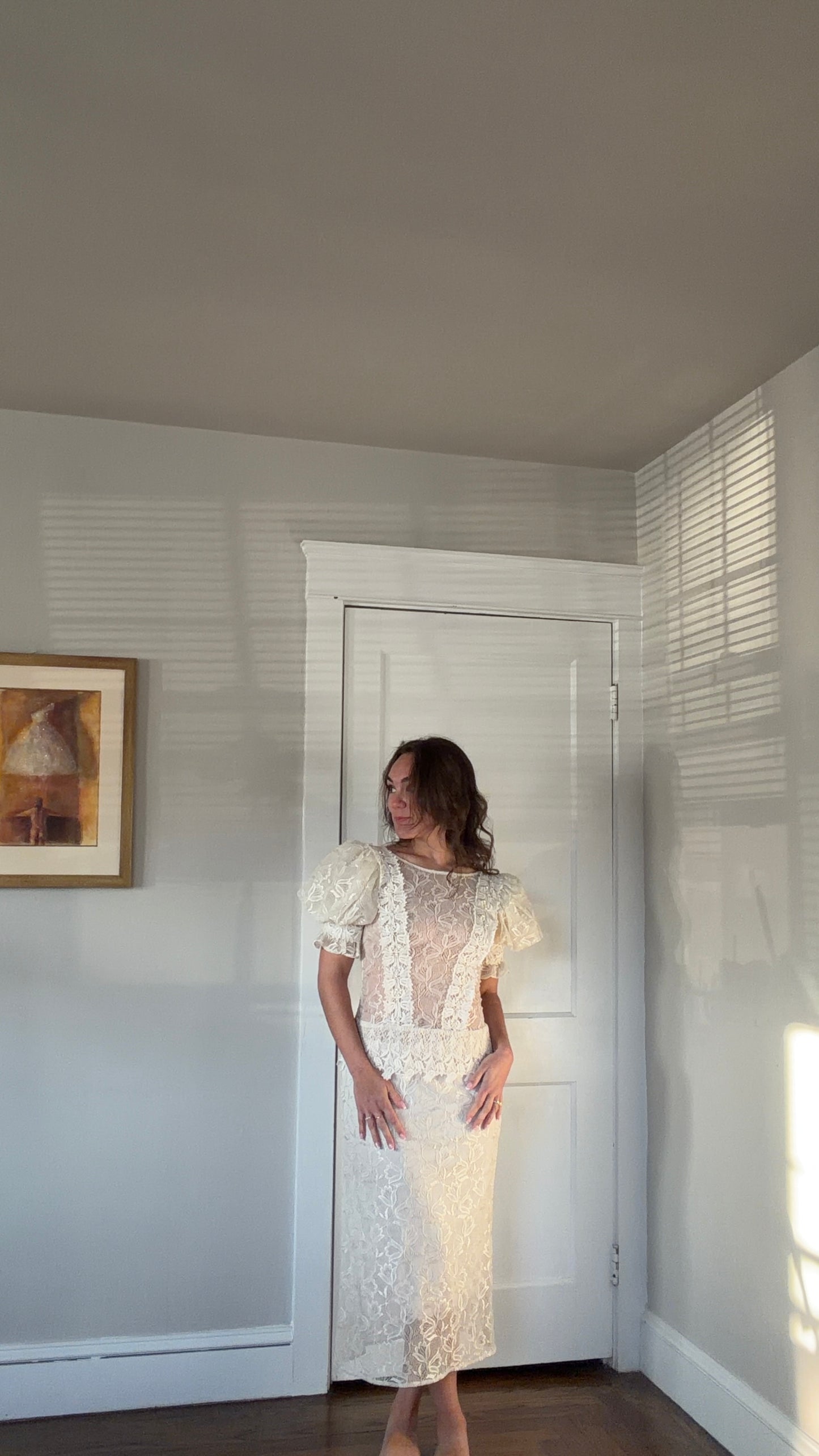 Sheer Lace Puff Sleeve Midi