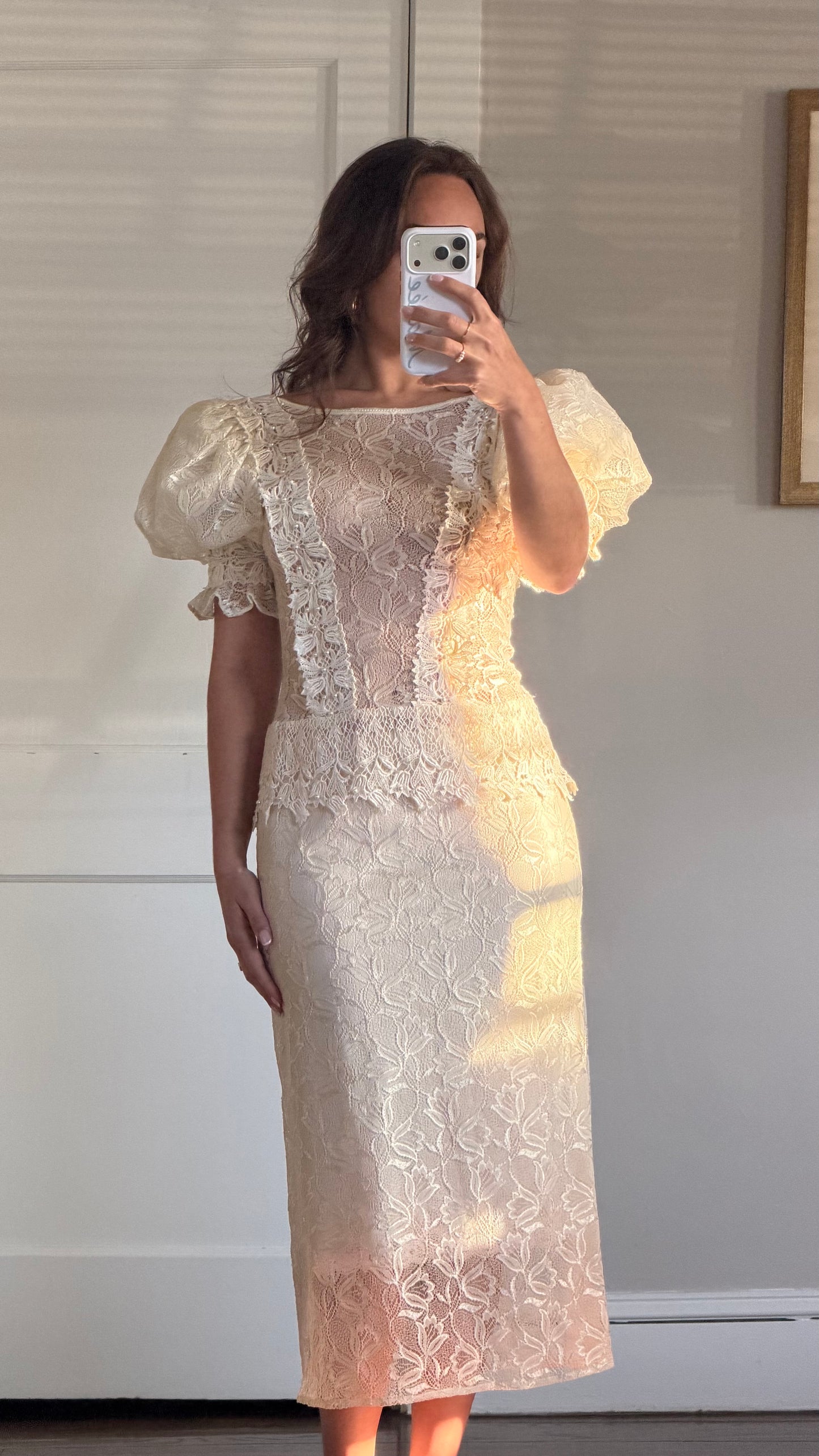 Sheer Lace Puff Sleeve Midi