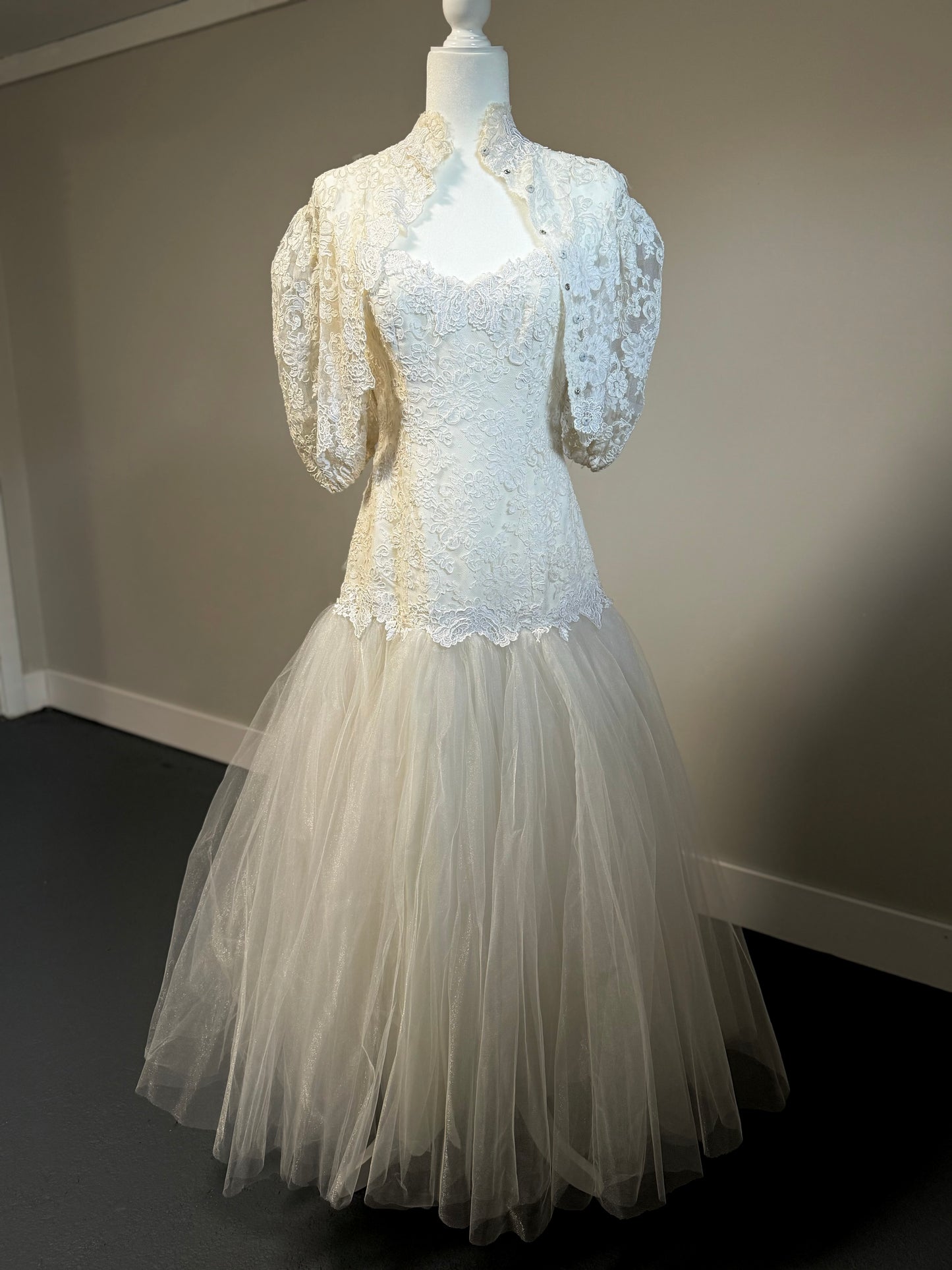 Priscilla of Boston Lace & Tulle Drop Waist Wedding Dress w/ Matching Bolero
