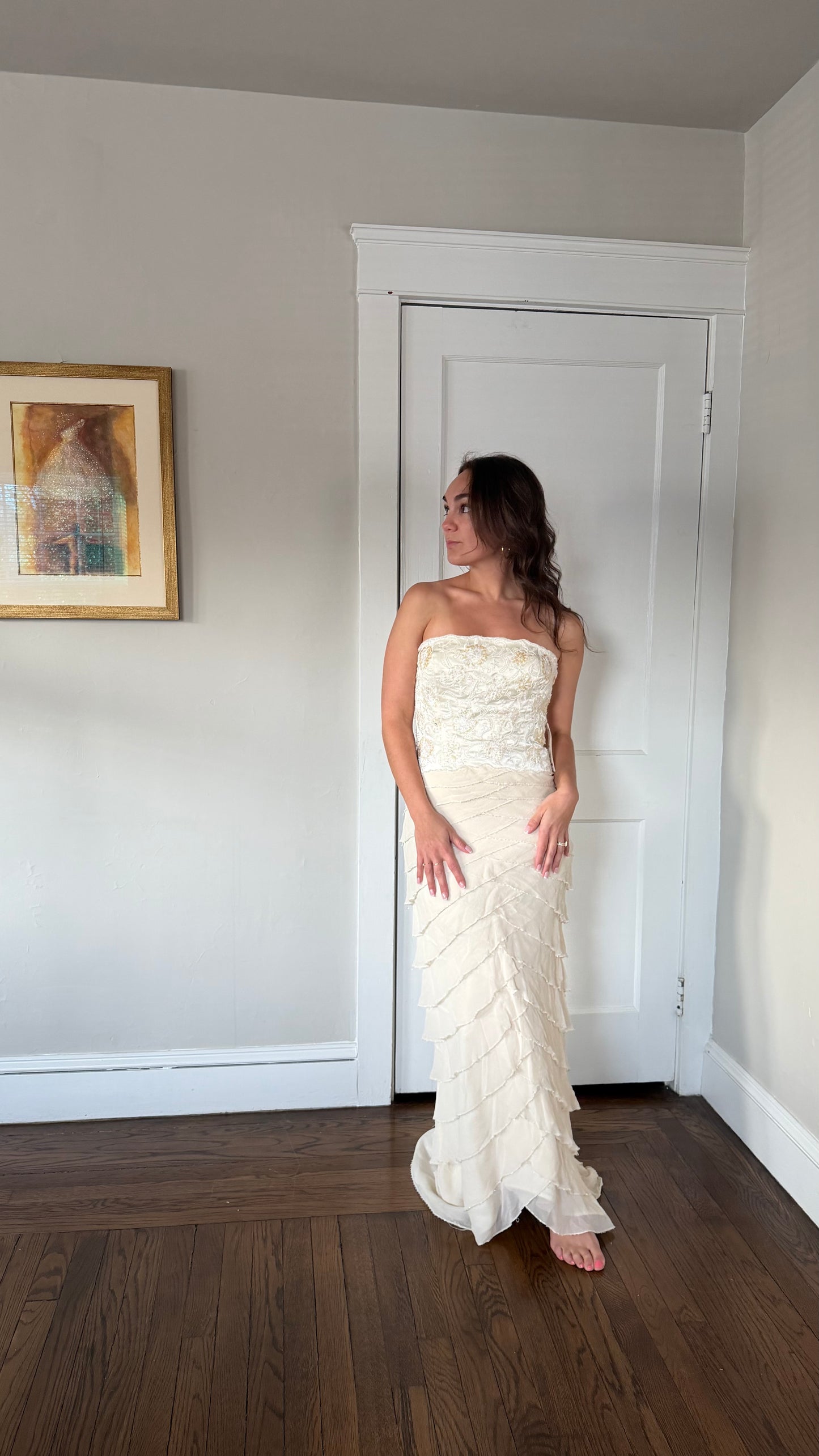 Silk Beaded Ruffle Gown