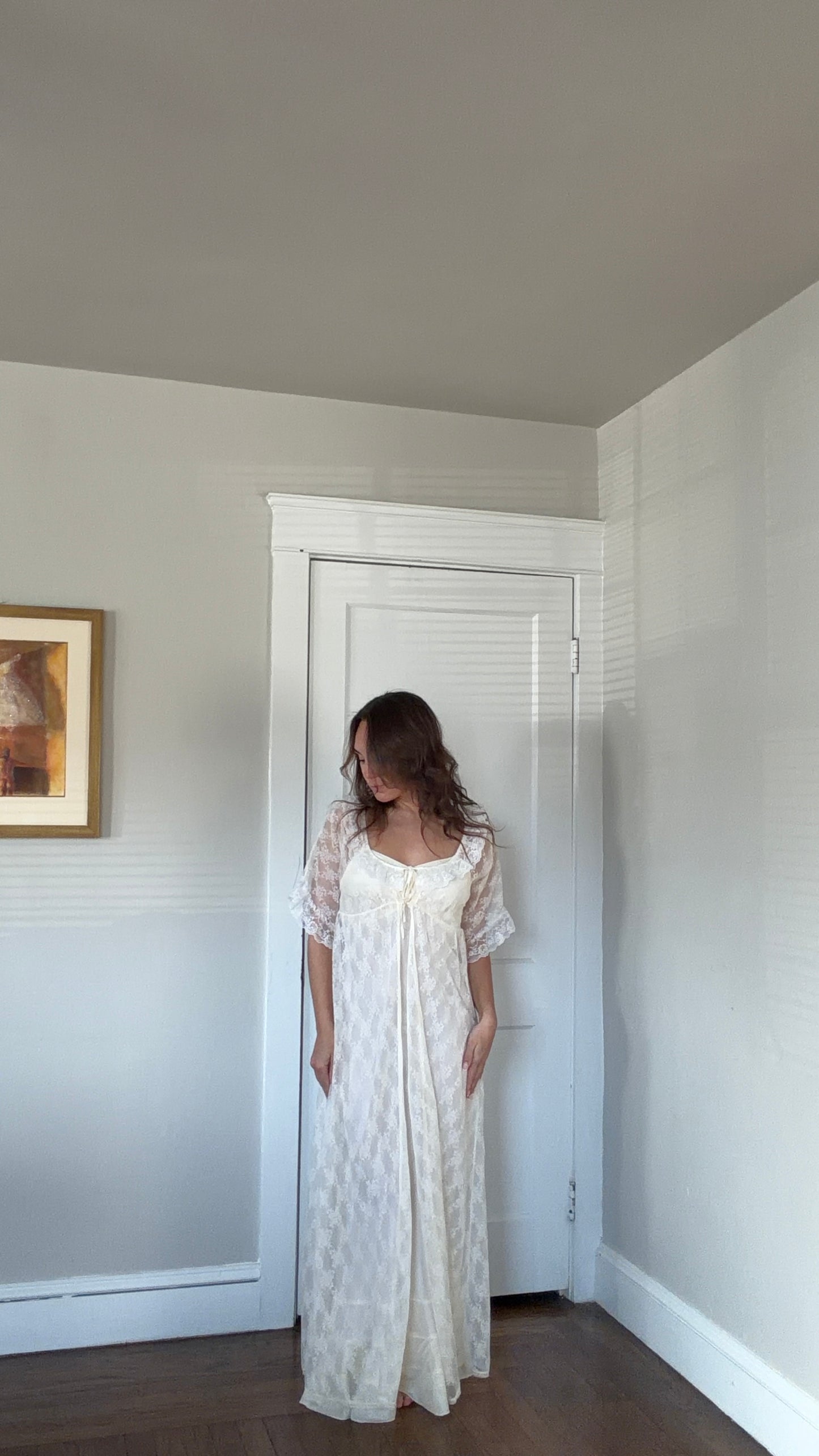 Cream Sheer Lace Overlay Peignoir Set