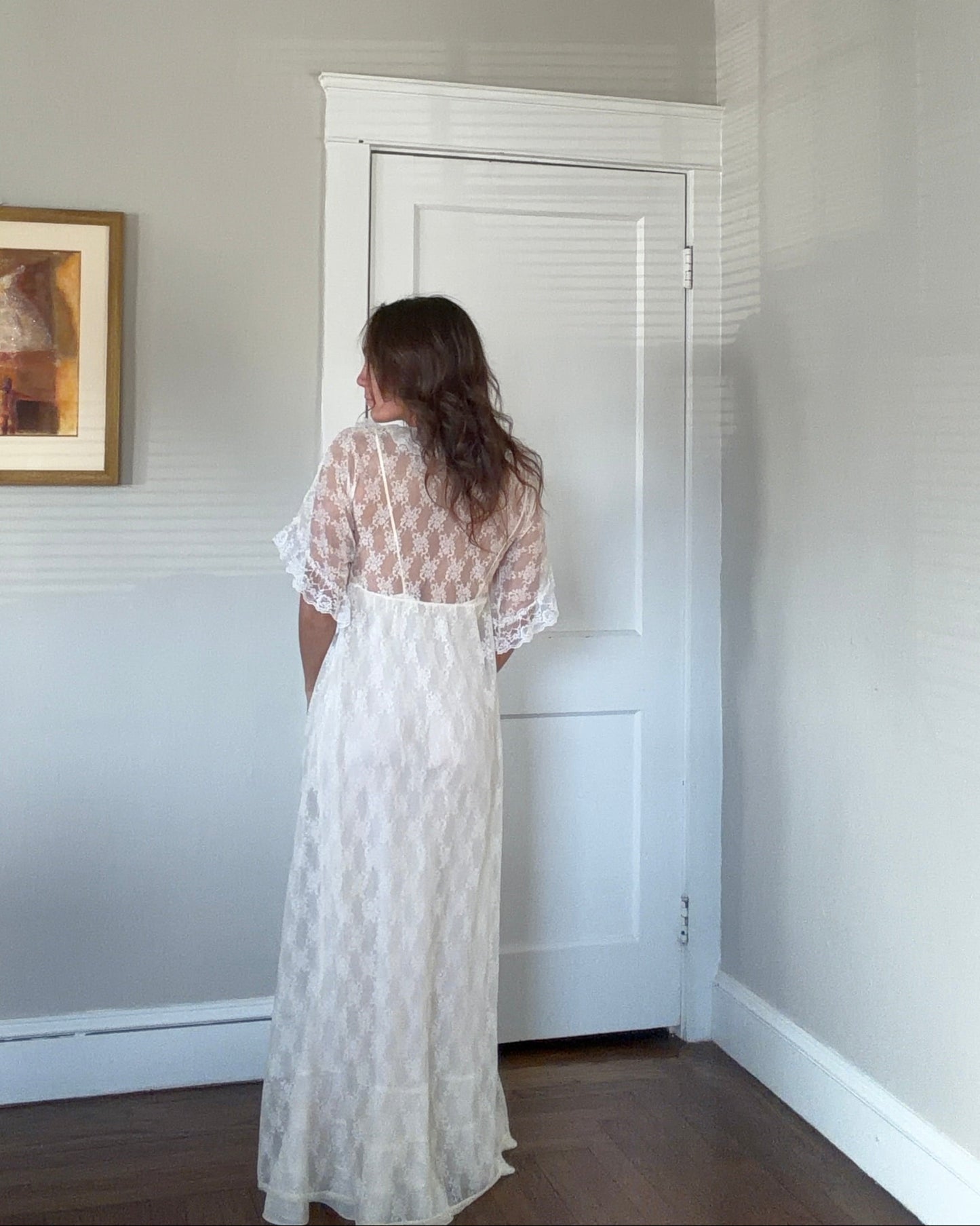 Cream Sheer Lace Overlay Peignoir Set
