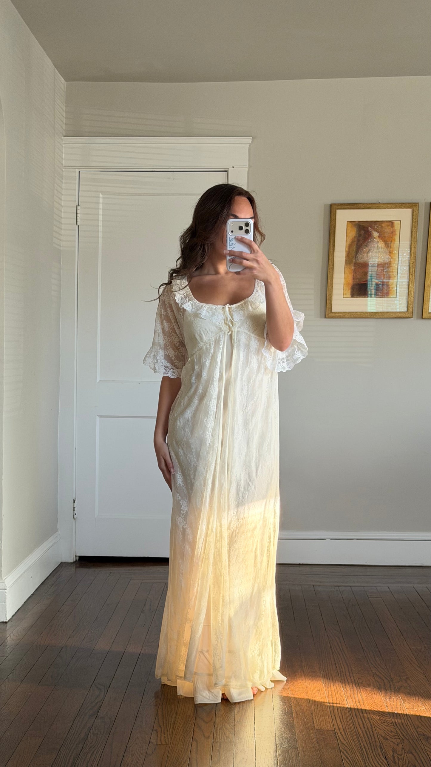 Cream Sheer Lace Overlay Peignoir Set