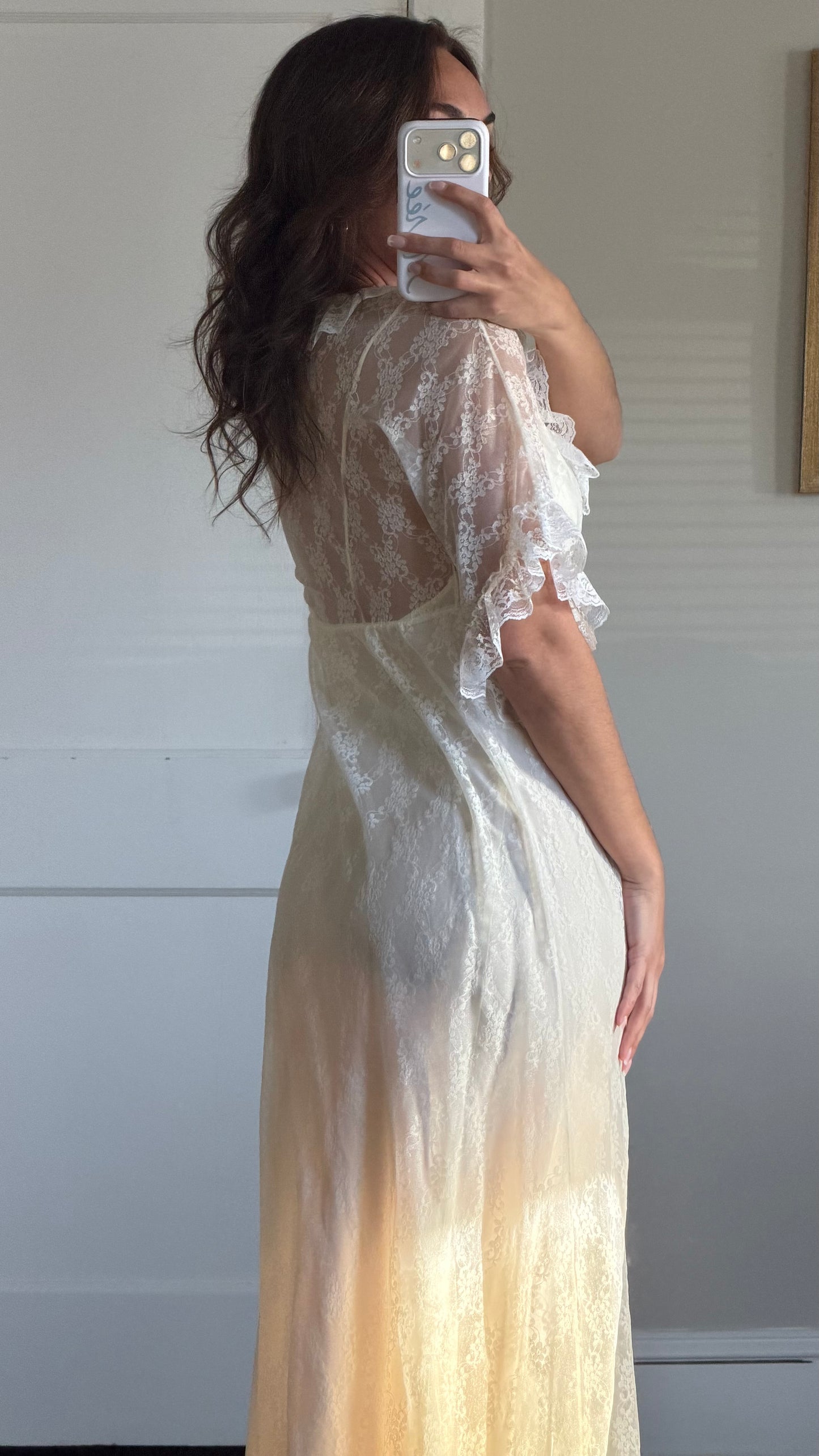 Cream Sheer Lace Overlay Peignoir Set