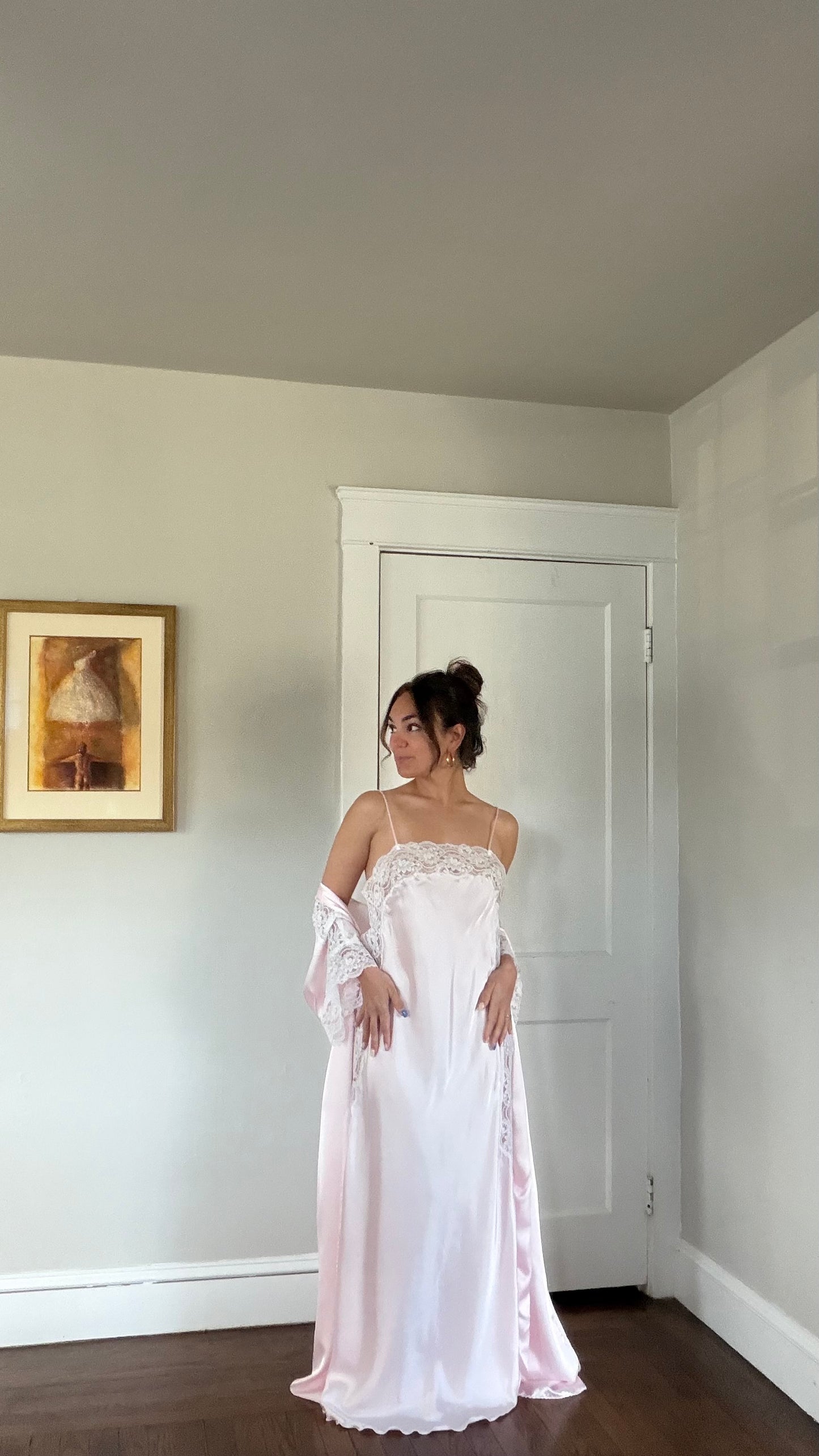 Pink & White Lace Detail Peignoir Set